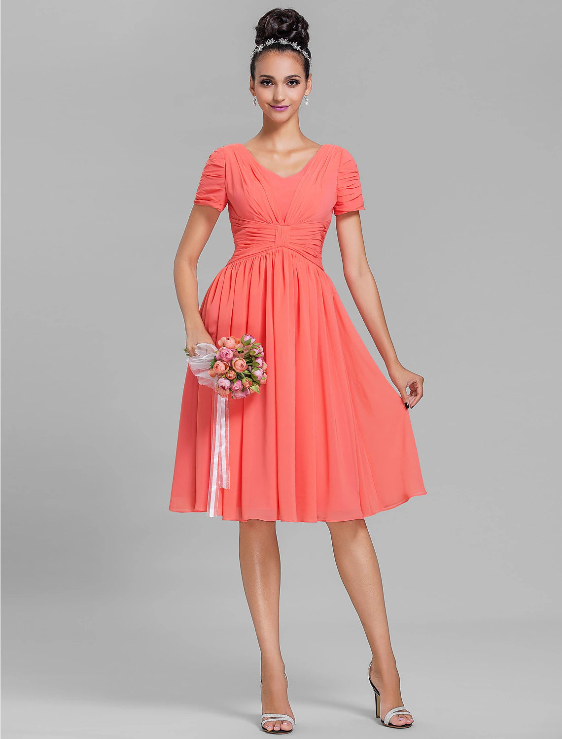 Wholesale Sheath / Column Bridesmaid Dress V Neck Short Sleeve Vintage Inspired Knee Length Chiffon with Ruched / Draping